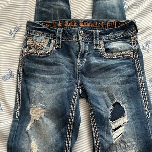 Rock Revival Blue Skinny Jeans with Distressed Design